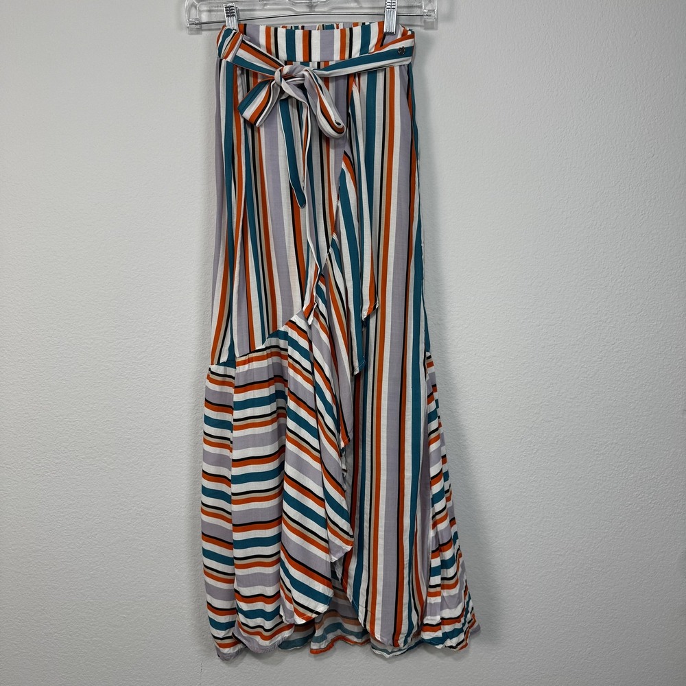 Maaji Skirt Womens Medium Multicolor Striped Wrap Ruffle Maxi Tie Waist Boho
